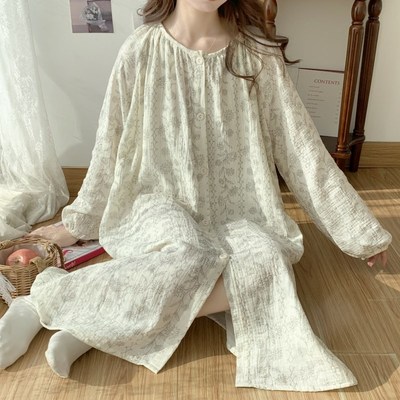 产妇待产裙孕妇哺乳睡裙秋冬长袖纯棉纱布睡衣月子产后喂奶进产房