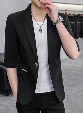 夏季男士薄款中袖l西服男韩版修身七分袖单西装潮帅气休闲外套上
