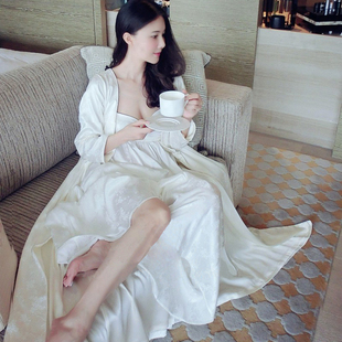 高端定制春秋真丝睡衣女式长袖吊带浴袍长款睡裙睡袍两件套家居服