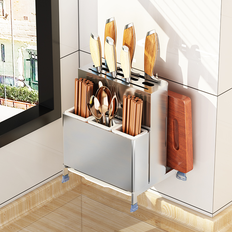 不锈钢刀架壁挂式厨房置物架用品筷子笼一体砧板架多功能刀座收