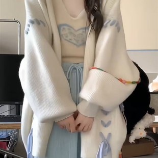 慵懒风!复古灯笼袖穿绳毛衣开衫女2023L秋装新款中长款针织衫外套