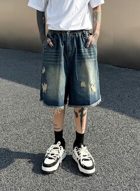 我叫得仔 复古水洗破洞牛仔短裤男女松紧腰百搭休闲直.筒五分中裤