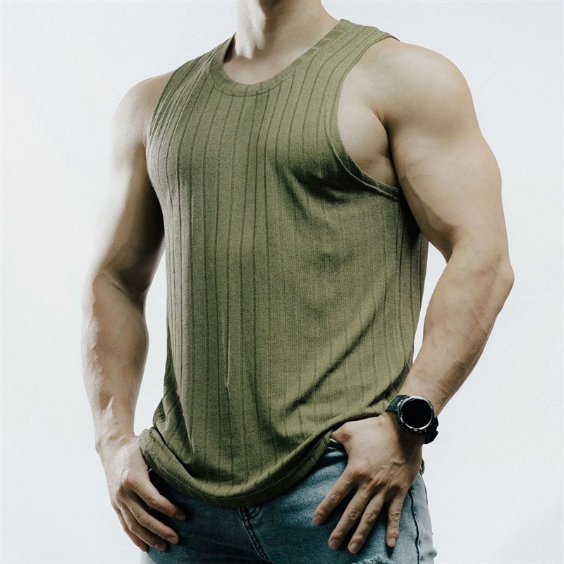 夏季男士新款运动l休闲跑步健身条纹弹力速干圆弧下摆无袖宽肩背