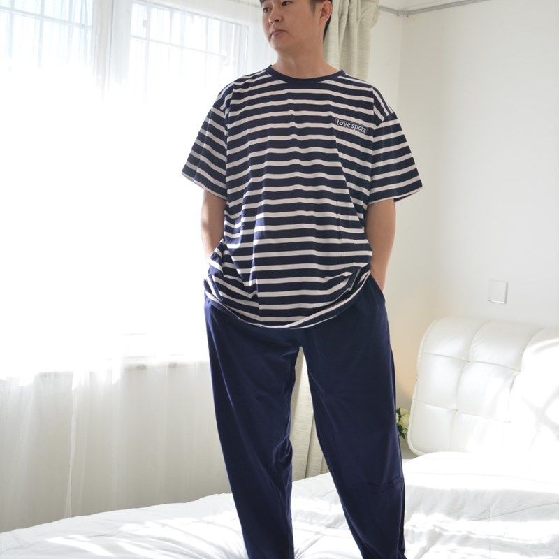 300斤超肥大码夏季男士短袖长裤圆领条纹套头薄款纯棉睡衣家居服,女士内衣/男士内衣/家居服,睡衣/家居服套装,淘宝优惠券,粉丝福利购,淘宝优惠卷