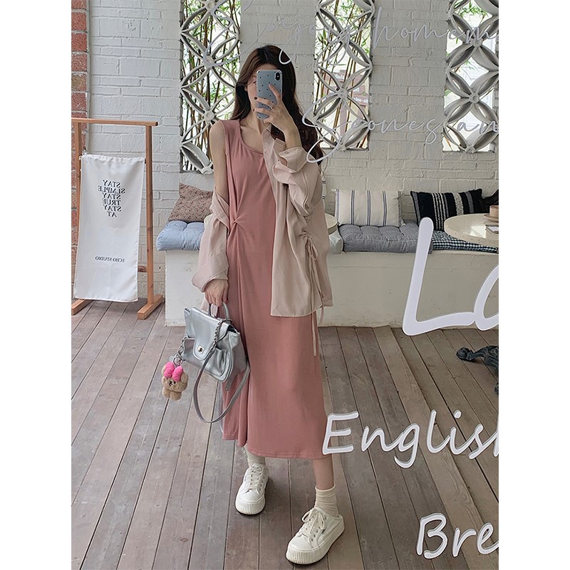 哺乳连衣裙夏季吊带背心裙防晒衬衫辣妈款外出产后喂奶期两件套装