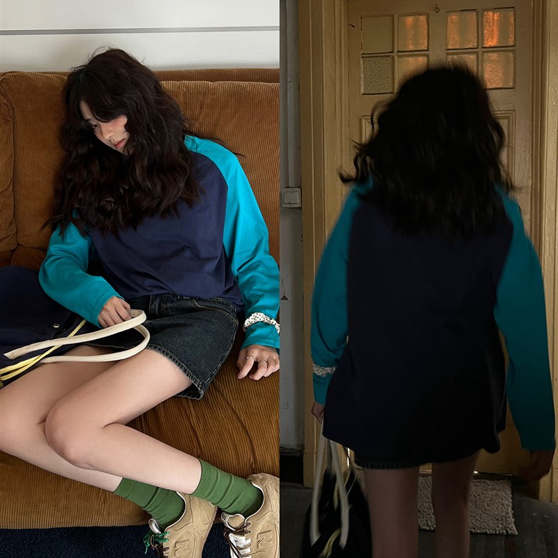 POXFFEE/美式复古撞色插肩袖BT恤女春宽松显瘦休闲长袖打底衫上衣