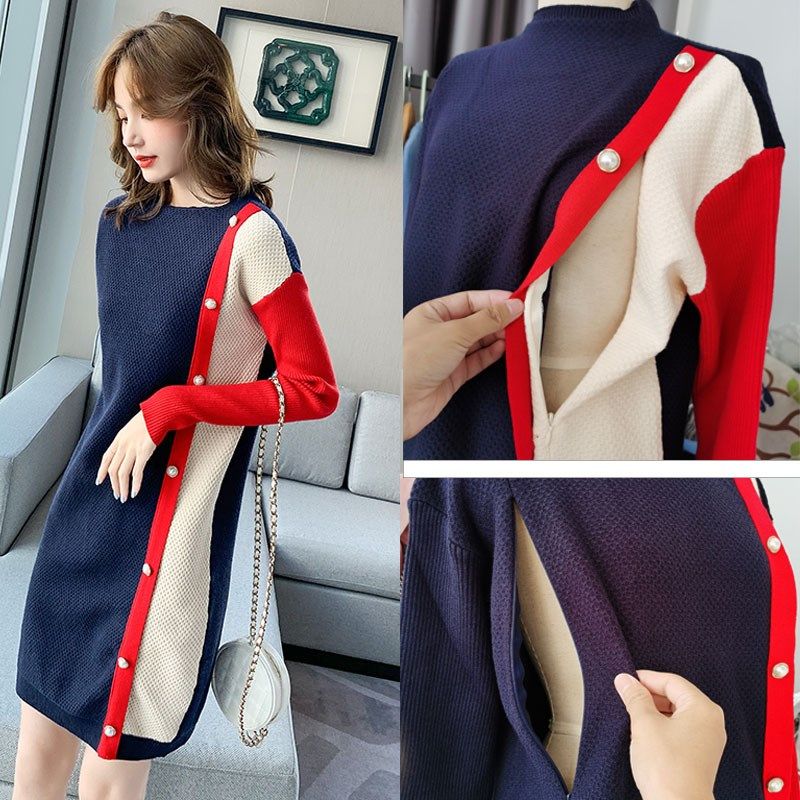 秋冬大码哺乳期毛衣打底外出冬季喂奶衣服母乳连衣裙冬装套装产后