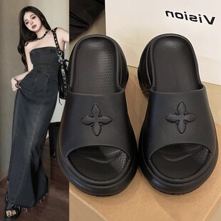 十字花厚底拖鞋女外穿网红2025夏季新款一字坡跟凉拖增高沙滩鞋子
