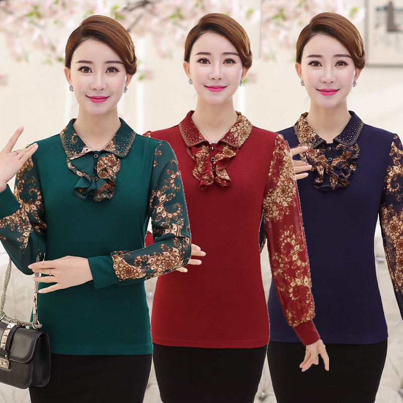 新款中老年女装春夏雪纺长袖棉T恤中年人40K-50岁妈妈装上衣打底