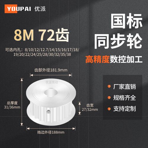 同步带轮8M72齿宽27/32内孔81012z415161718192242528机械型同步