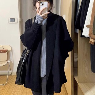 黑色毛衣外套女g秋冬季2023新款复古宽松慵懒风中长版针织开衫上
