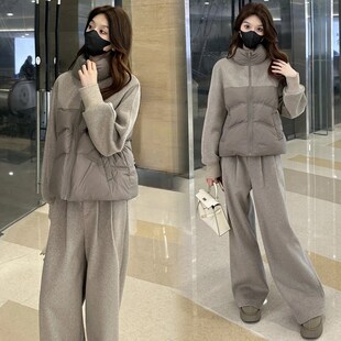 时尚休闲套装e女2024冬季新款洋气显瘦毛呢拼接羽绒服阔腿裤两件