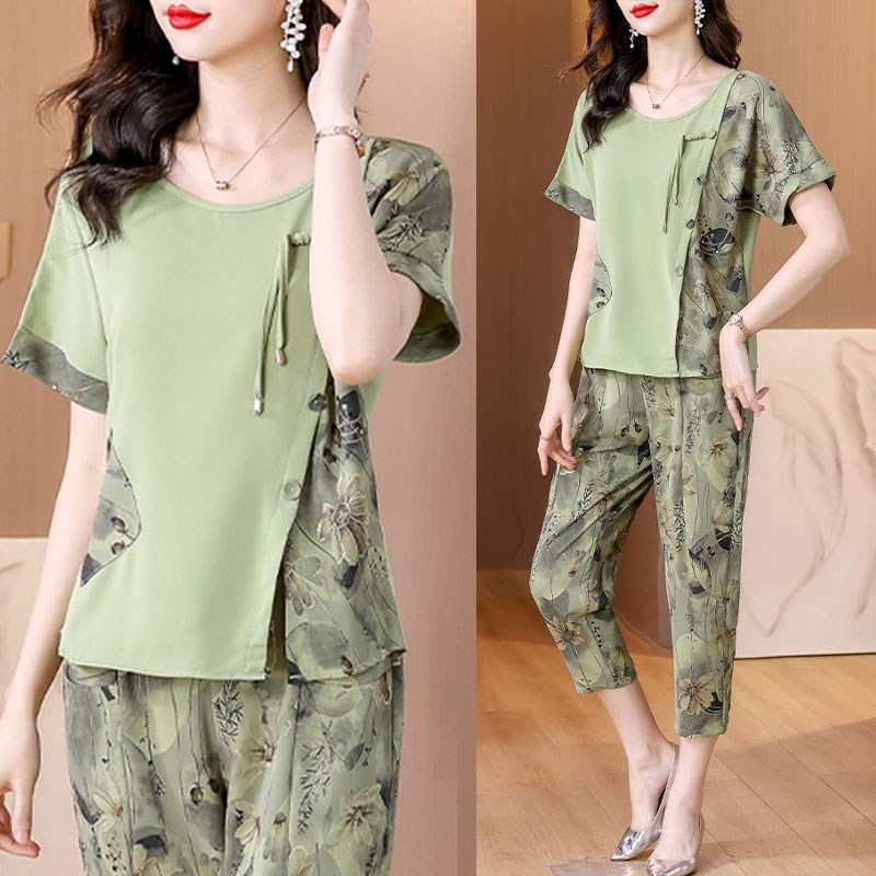 2025夏季新款复古印花亚麻休闲B套装女中国风大码短袖修身裤两件