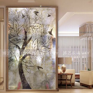 艺术玻璃过道玄关背景墙欧式 柜客厅钢化 简欧发财树透光隔断屏风鞋