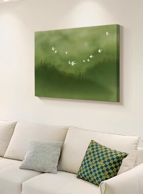 法式中古风客厅装饰画雁南飞沙发C背景墙绿色挂画高级感艺术墙壁