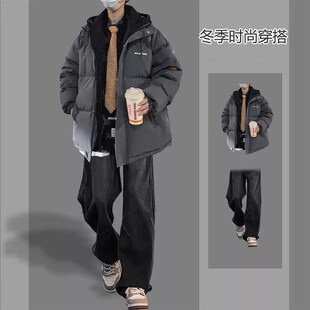 秋冬假两件棉服套装男生保暖棉衣冬装面包服搭配牛U仔裤潮流两件