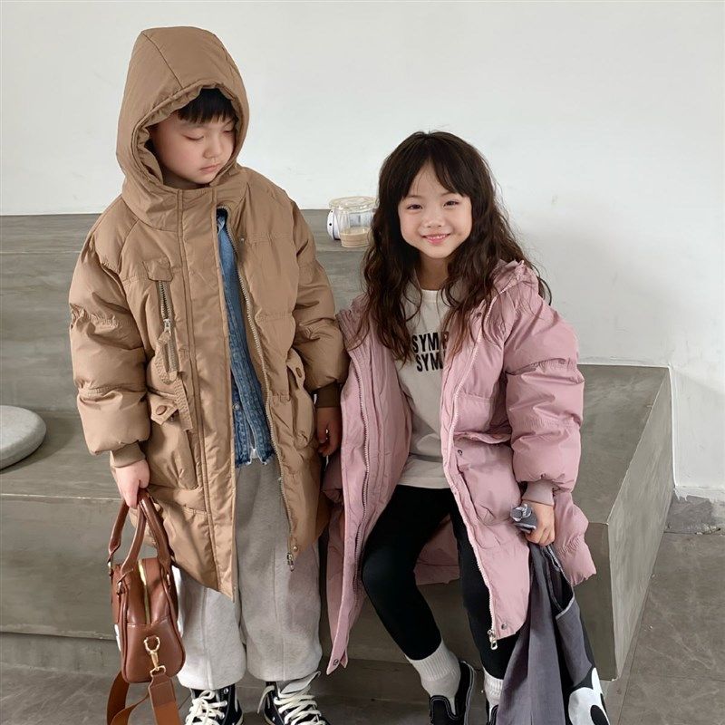 儿童中长款羽绒服女款冬季女童长款加绒外套秋冬男童轻薄冬装棉衣