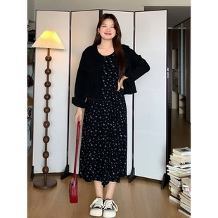 套装 微胖 显瘦毛边牛仔外套碎花连衣裙大码 喵喵 3673 梨形mm秋季