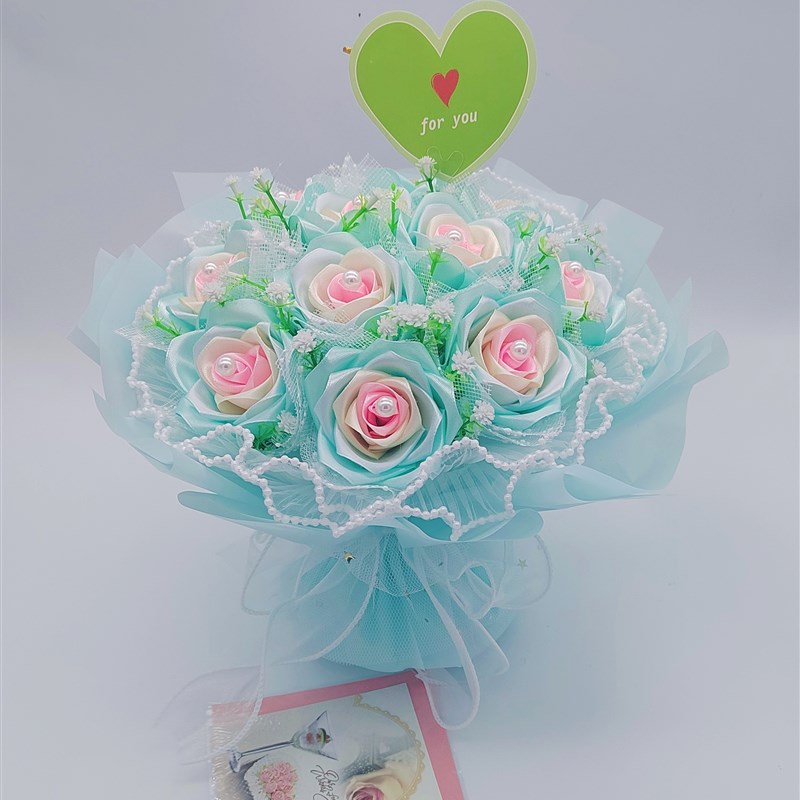 11支丝带玫瑰花布花手工成品花碎冰蓝圣诞节儿童节毕业礼品花束