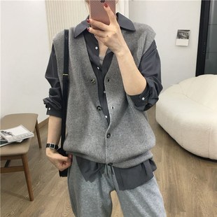宽松外搭休闲上衣坎肩潮 针织马甲女开衫 秋季 背心叠穿神器无袖 时尚