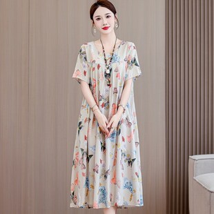 新款 2024夏季 宽松显瘦遮肚子妈妈休闲裙子 纯棉绸连衣裙女短袖 大码
