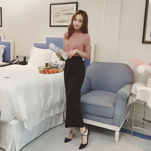 超长款直筒不开叉针织半身裙女春秋包臀裙中长款高腰一步长裙百搭