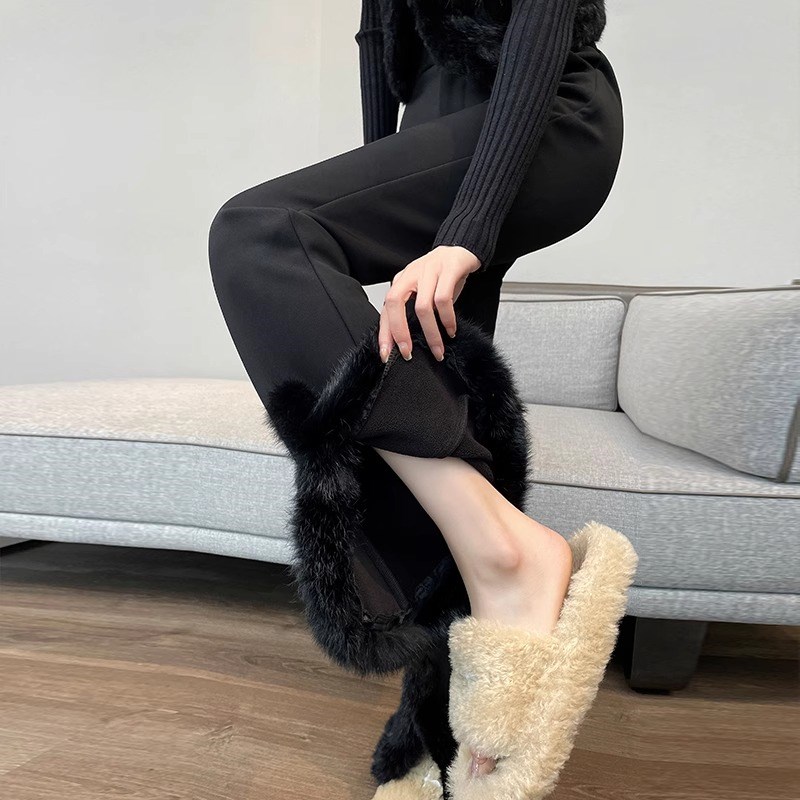 胖mm大码女装高腰弹力加绒加厚微喇西装裤女冬季保暖开叉显瘦女裤