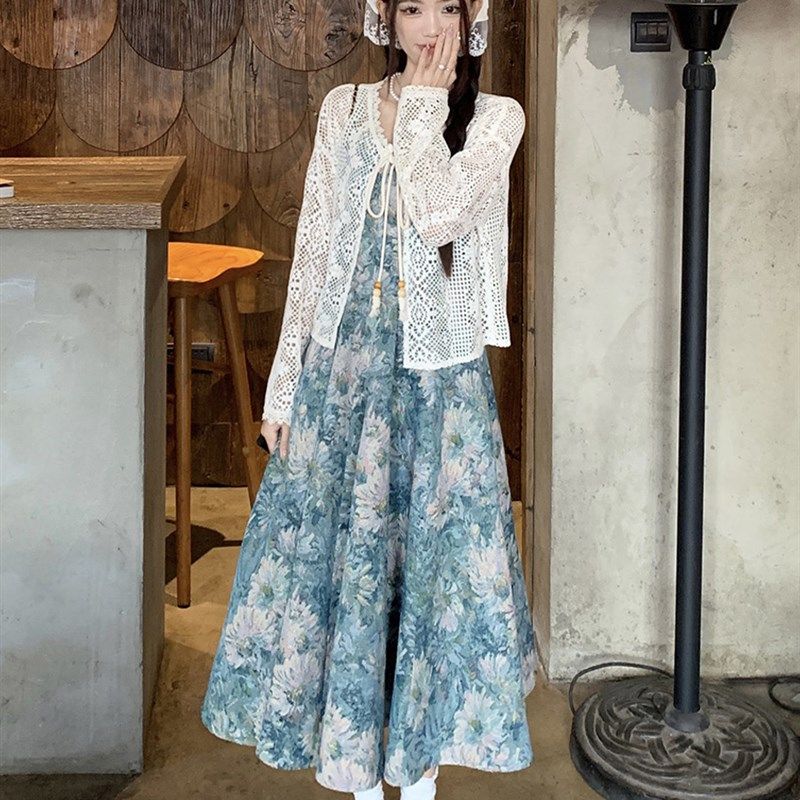 大码女装胖妹妹2024初春新款复古油画碎花吊带连衣裙防晒开衫套装,女装/女士精品,大码套装,淘宝优惠券,粉丝福利购,淘宝优惠卷