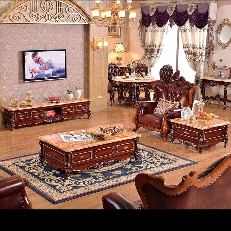 实木客厅茶几大理石台面橡木雕花小户型欧式茶几储物方形茶几199