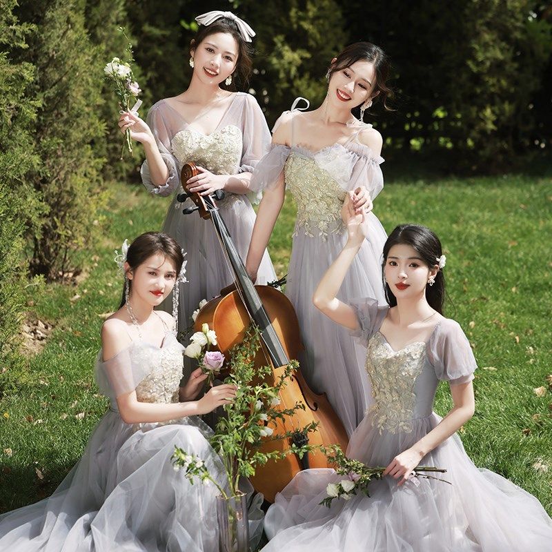 伴娘服女2024新款冬季演出成人礼服小个子高级感姐妹团伴娘裙大码