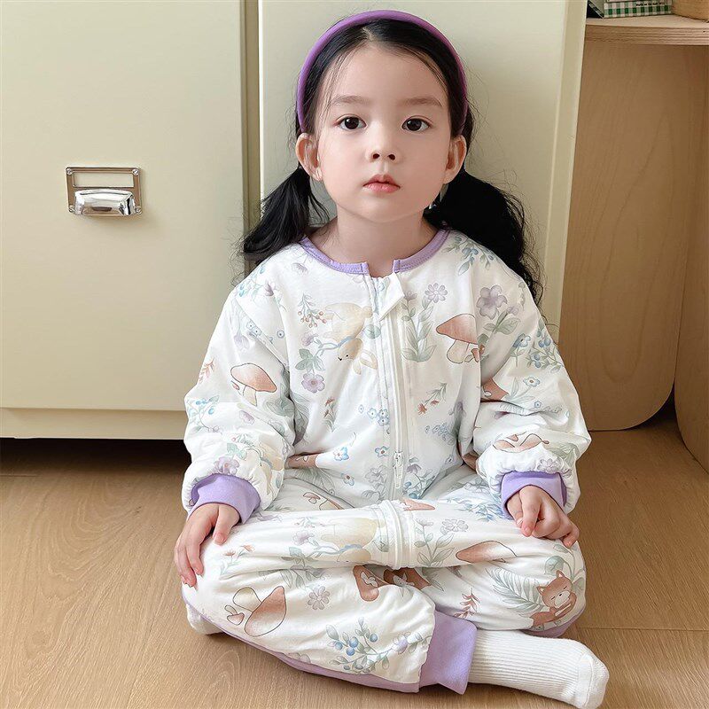 宝宝纯棉睡袋秋冬款男童冬季加厚防踢被神器女童连体睡衣春秋夹棉