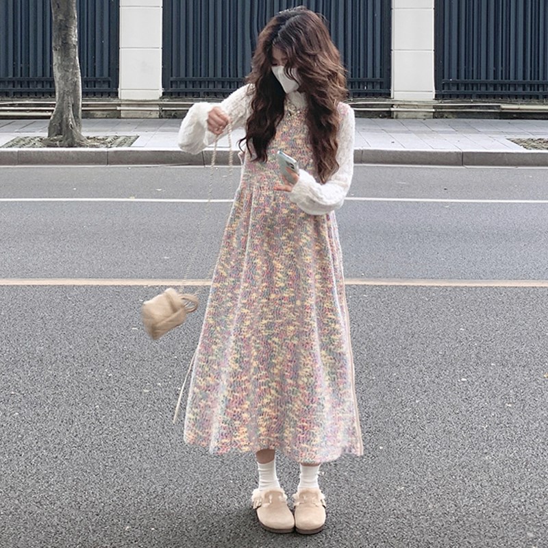 大码女装2024胖mm秋冬新中式彩虹甜美针织背心连衣裙蕾丝上衣套装