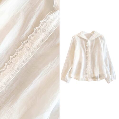 【小四专享】白色连帽长袖防晒衬衫漂亮超好看蕾丝花边上衣