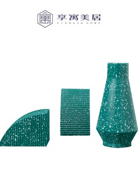 北欧简约绿色水磨石花瓶样板间书房桌柜书档摆件扇形书靠室内软装