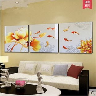 大客厅饭厅现代简约组合装饰画背景挂画冰晶玻璃无框画镇宅九条鱼