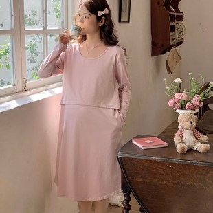 纯棉月子裙女春夏长袖薄款待产裙纯色哺乳裙怀孕期产后睡衣6月7月