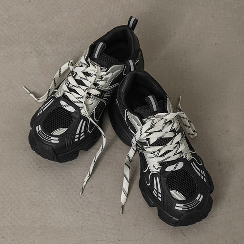 男鞋秋款透气运动休闲鞋潮牌百搭厚底网面鞋2023黑色老爹鞋男女鞋