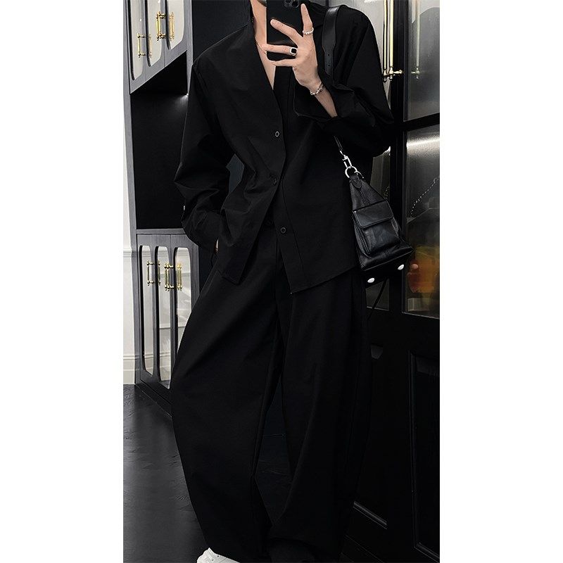 龙叨叨春季高级感V领长袖衬衫套装男简约气质男士衬衣休闲长裤男,男装,时尚套装,淘宝优惠券,粉丝福利购,淘宝优惠卷