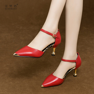 2021年新款女鞋春夏季一字扣半包头凉鞋细跟高跟鞋红色小跟真皮鞋