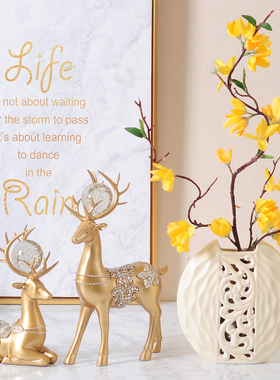 新中式招财鹿摆件客厅电视柜家居装饰玄关博古架摆设花瓶工艺水晶