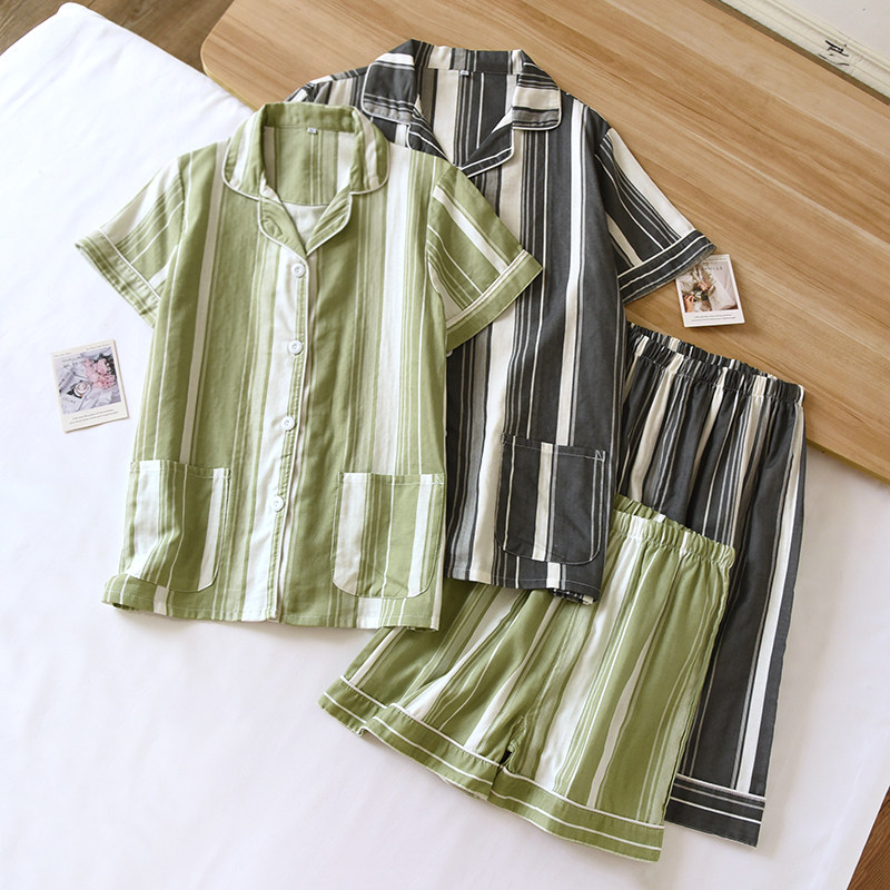 条纹情侣睡衣夏季纯棉短袖可爱纱布家居服男女青年夏天薄款套装
