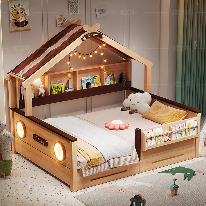 原木色儿童床实木床女孩床男孩护栏床衣柜一体带抽屉小孩树屋床