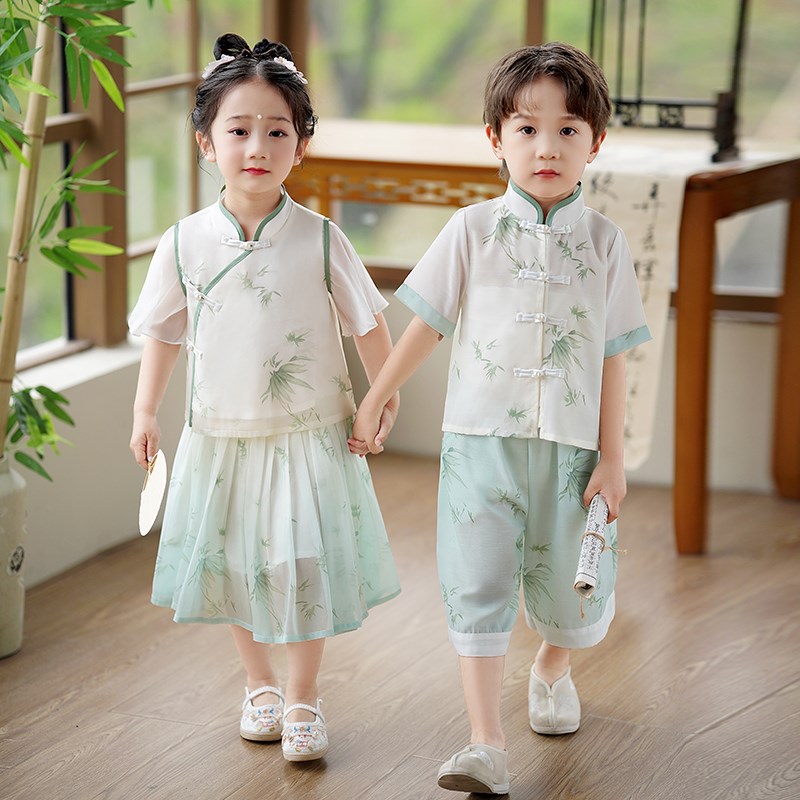 六一儿童汉服演出服中国风男童幼儿园毕业照女童舞蹈绿色表演服装