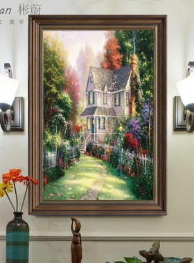 客厅玄关装饰画美式走廊过道挂画大海风景墙壁画竖版油画欧式定做