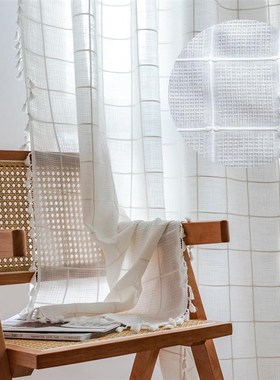 半透光窗帘客厅日式白色方格子卧室厨房客厅隔音飘窗穿杆帘子