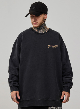 2024黑色圆领卫衣春秋季新款加肥加大码复古宽松加绒情侣男生无帽