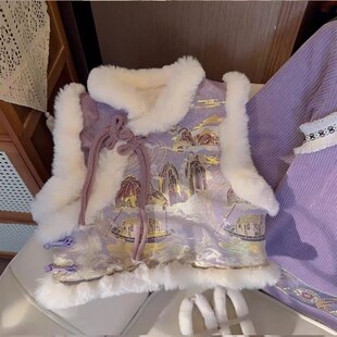 女童中国风高端公主套装2024冬季新款女宝宝唐装旗袍裙马甲两件套