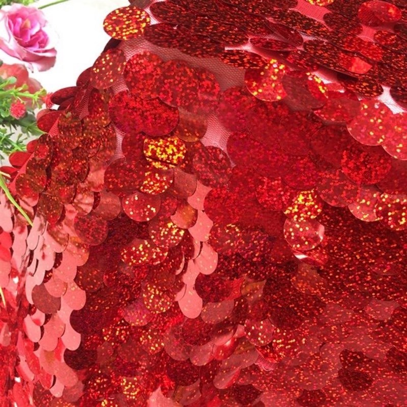 18MM幻彩红色镭射大鱼鳞片亮片背景装饰桌布生日背景布定做装饰