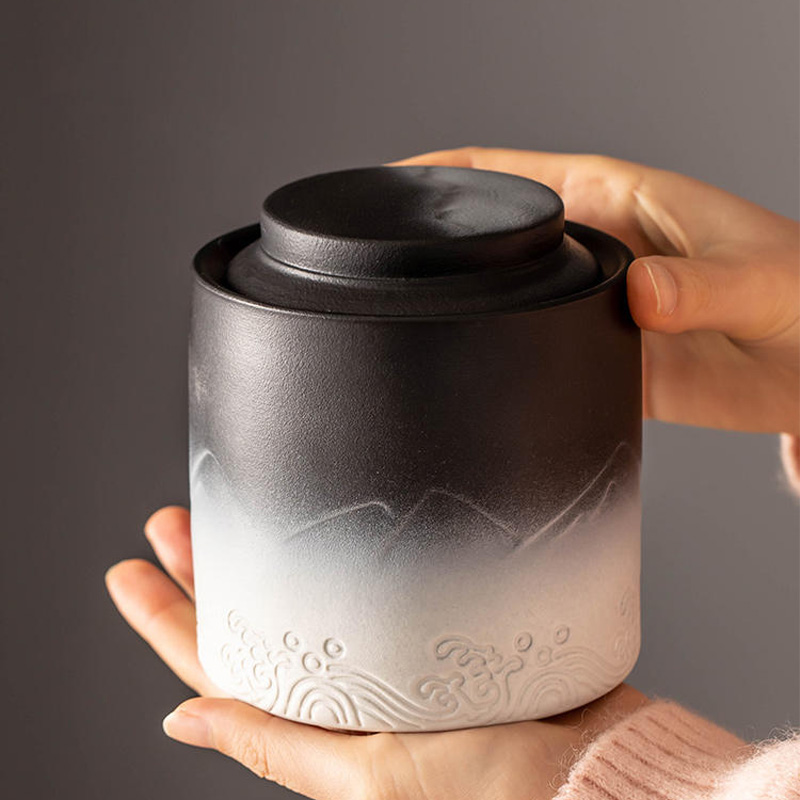 宠物骨灰盒 白色黑色浮雕祥云山水海波纹 去世纪念猫狗狗火化坛罐
