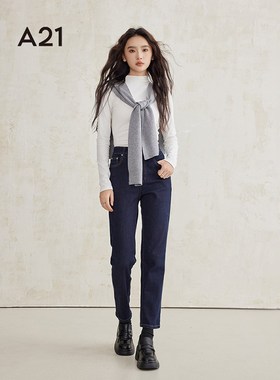 A21女装深蓝色小脚牛仔裤2024秋冬新款百搭水洗九分裤显瘦铅笔裤